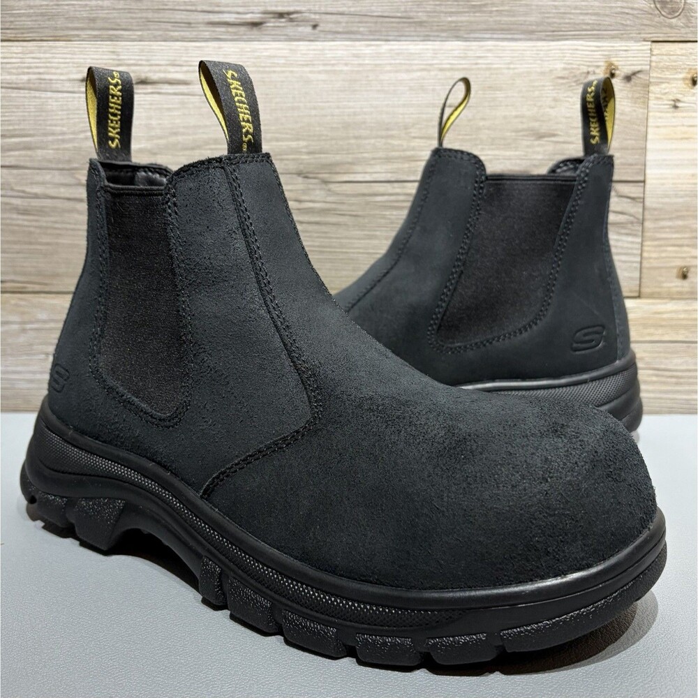 SKECHERS Workshire Jannit Black Leather Chelsea Work Boot Womens 8.5 Comp Toe EH
